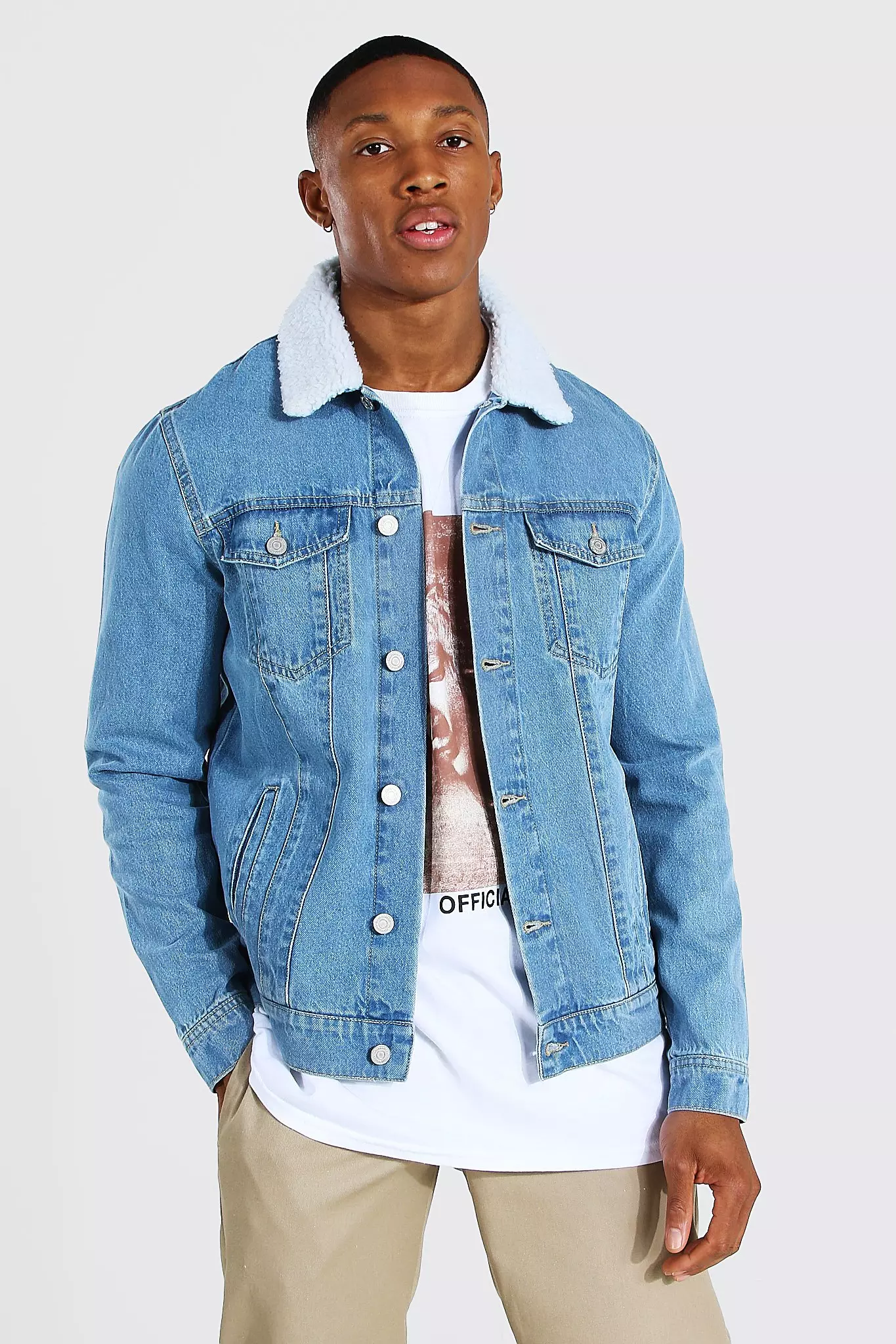 Regular Fit Borg Collar Denim Jacket boohooMAN